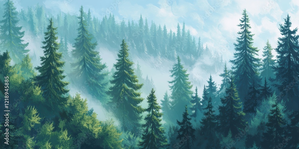 Foggy forest with mist, pine trees, snow-covered landscape, and distant mountains under a cloudy sky Foggy forest with mist, pine trees, snow-covered landscape, and distant mountains under a cloudy sky