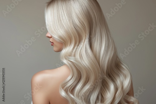 Portrait of a blonde woman with curly hair. Open part of the face. Back view