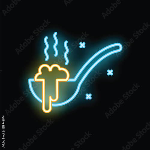 Neon sign illuminating a steaming ladle full of soup, perfect for restaurants and food businesses