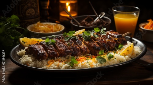 Grilled lamb chops with vegetables on a plate photo