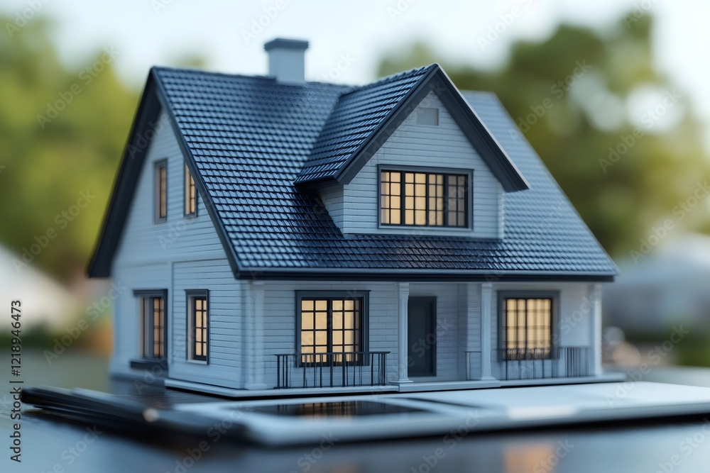 Model house standing on a tablet, representing online real estate search and purchase Model house standing on a tablet, representing online real estate search and purchase