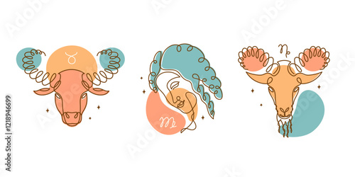 Taurus, virgo, capricorn, earth element zodiac signs. Horoscope mystical symbols. Line art.
