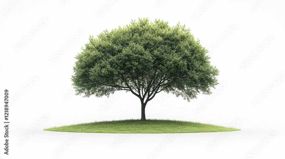 Single Deciduous Tree on Grassy Knoll, Isolated on White Single Deciduous Tree on Grassy Knoll, Isolated on White