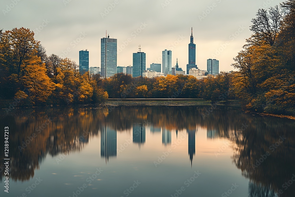 Fototapeta premium Autumn Cityscape Reflection Stunning Modern City Skyline Reflected in Calm Lake with Autumn Trees