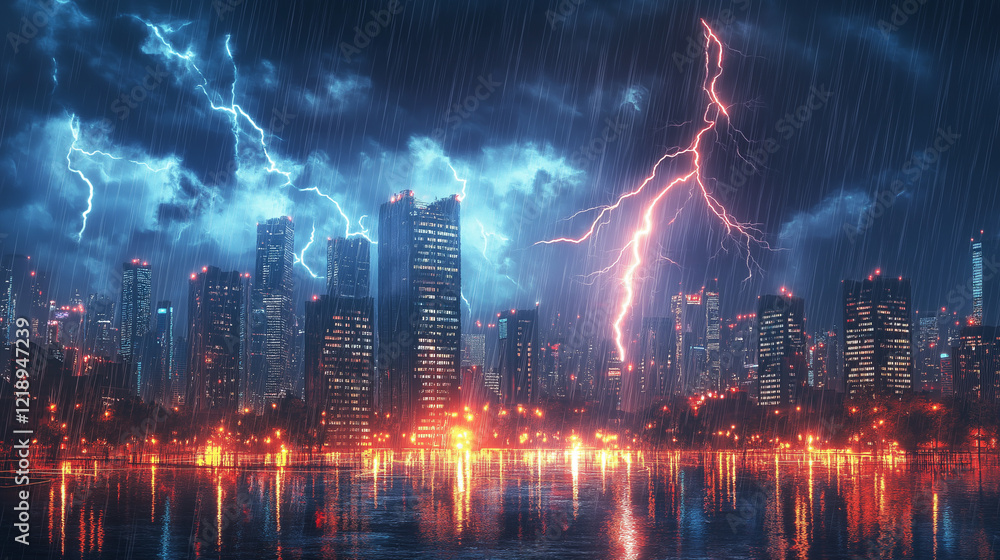 Fototapeta premium Urban landscape during a thunderstorm with heavy rain, powerful lightning flashes in the background