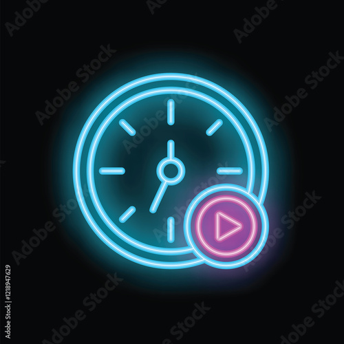 Neon glowing clock showing starting time with play button icon, concept of time management, deadline, schedule, planning, time for action photo