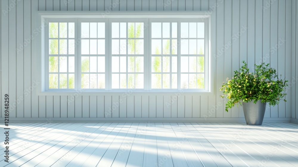Bright and Airy White Room Interior with Large Window and Flowering Plant Bright and Airy White Room Interior with Large Window and Flowering Plant