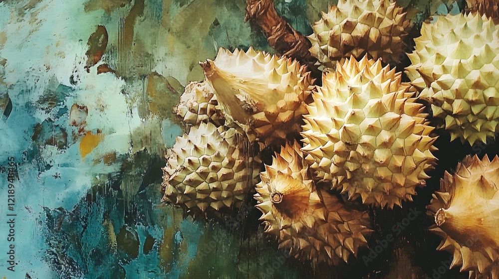 Durian Cluster on Vibrant Textured Background with Blue Hues Durian Cluster on Vibrant Textured Background with Blue Hues