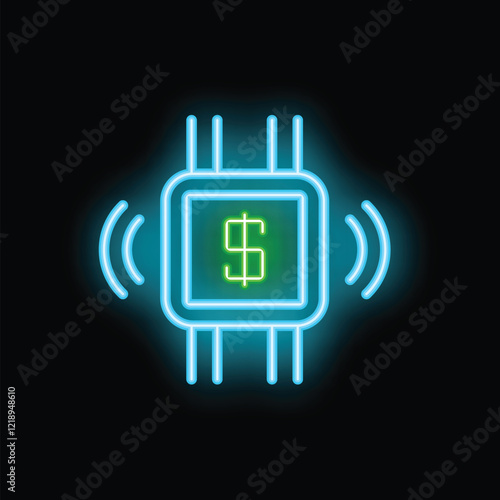 Neon glowing icon of a microchip processing and emitting a dollar currency symbol on a black background