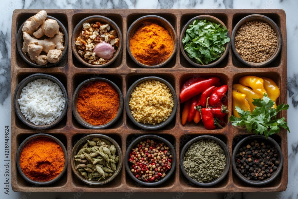 Variety of colorful spices and herbs displayed in wooden tray Variety of colorful spices and herbs displayed in wooden tray