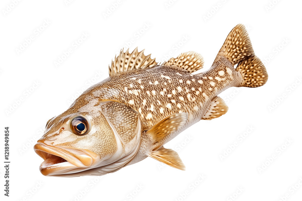 Naklejka premium Grouper fish with white spots and intricate fin details isolated on white transparent background, concept of aquatic wildlife