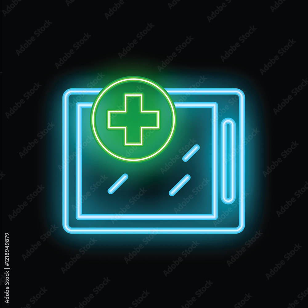 Neon medical cross glowing green over a blue neon tablet displaying a patient file, representing online medical consultation Neon medical cross glowing green over a blue neon tablet displaying a patient file, representing online medical consultation