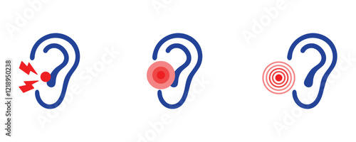 Otitis icon vector set, inflammation or infection of the ear icon set, hearing problem with pain sign symbol icons vector illustration isolated on white background.