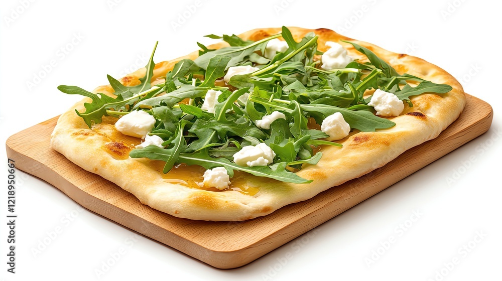 Delicious arugula flatbread on a wooden board. Delicious arugula flatbread on a wooden board.