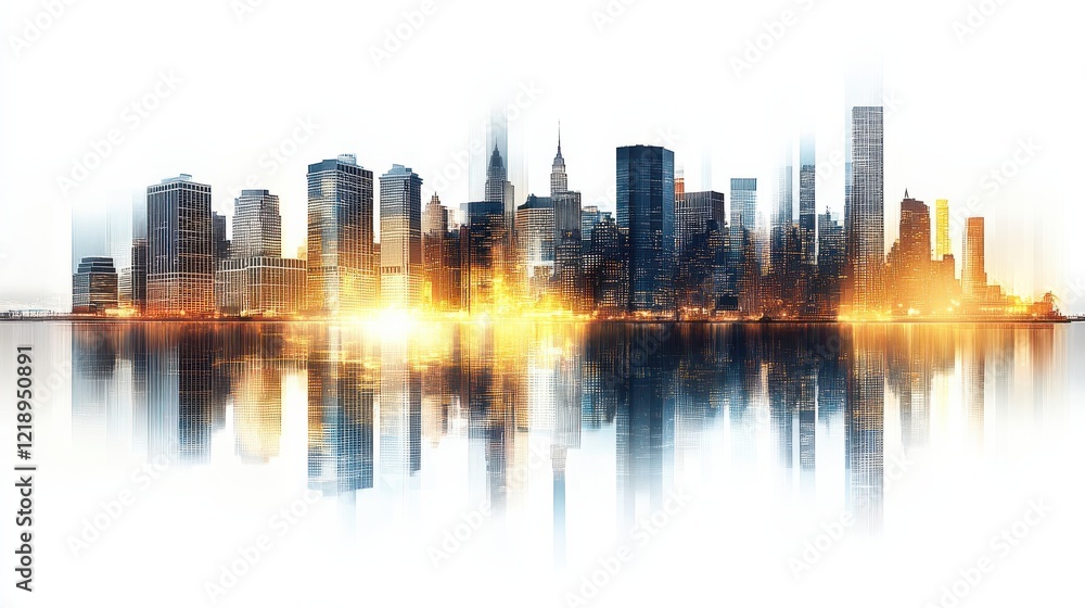 Obraz premium Abstract city skyline at sunset reflecting on water, showcasing vibrant colors and silhouettes