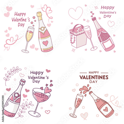 Champagne bachelorette party set, vector watercolor wedding coquettish alcohol beverage, wineglass. Feminine pink celebration cocktail drink, aesthetic Valentine's Day date, bottle. 