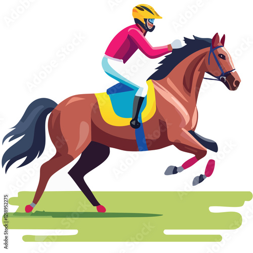 Horse racing in flat style isolated on a white background. Horseman, horse, rider. Vector Illustration. Perfect for banner, invitations, greeting cards, postcard, print, fashion design, t-shirts.