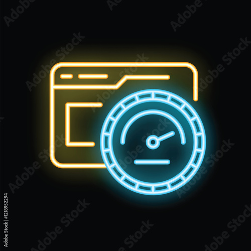 Neon glowing icon of a speedometer measuring website loading speed test