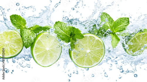 Lime, mint and water splash  , Cutted lime with leaves in water splashes isolated on white background,water drops on lemon and limes 