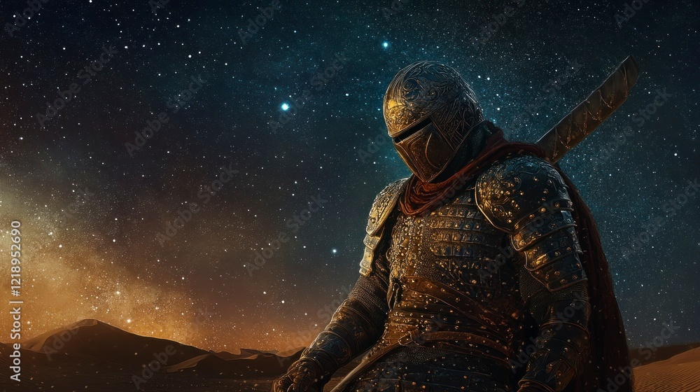 Epic persian warrior in intricate lamellar armor under starry sky digital art fantasy landscape atmospheric view Epic persian warrior in intricate lamellar armor under starry sky digital art fantasy landscape atmospheric view