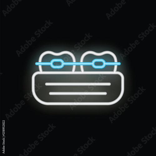 Glowing neon icon of teeth wearing braces, ideal for promoting dental services and products