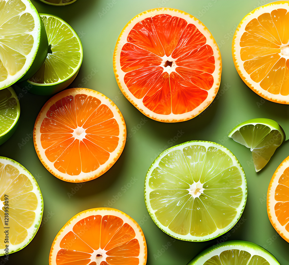 Fototapeta premium Fruit background. Colorful fresh fruits on white table. Orange, mandarin, lime, lemon, grapefruit. Flat lay, top view, copy space.generative ai