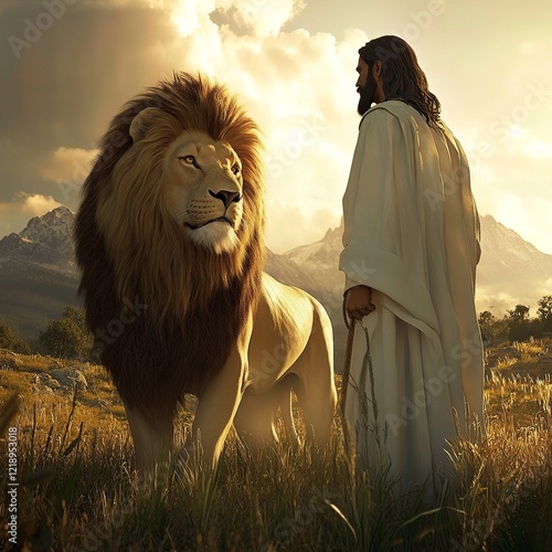 Jesus Christ standing beside a majestic lion, symbolizing strength and peace, with a serene background of light and nature.

 photo