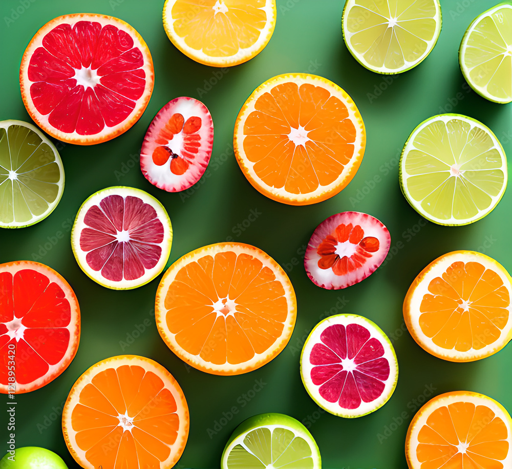 Obraz premium Fruit background. Colorful fresh fruits on white table. Orange, mandarin, lime, lemon, grapefruit. Flat lay, top view, copy space.generative ai
