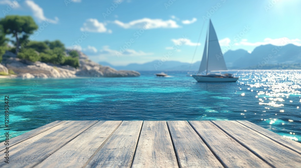 Obraz premium Wooden Dock Overlooking Turquoise Ocean with Sailboat
