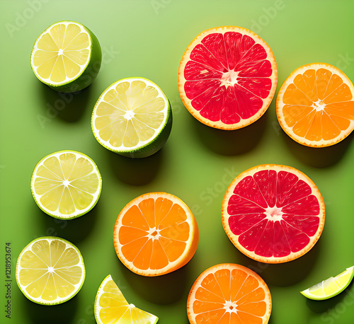 Fruit background. Colorful fresh fruits on white table. Orange, mandarin, lime, lemon, grapefruit. Flat lay, top view, copy space.generative ai photo