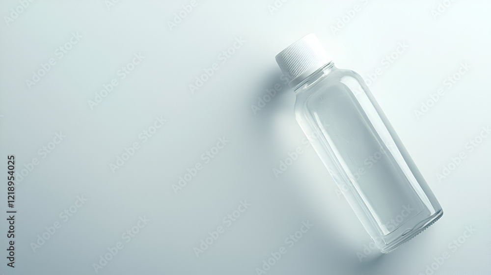Clear glass bottle with white cap on a light gray background. Perfect for product mockups or showcasing your brand. Clear glass bottle with white cap on a light gray background. Perfect for product mockups or showcasing your brand.