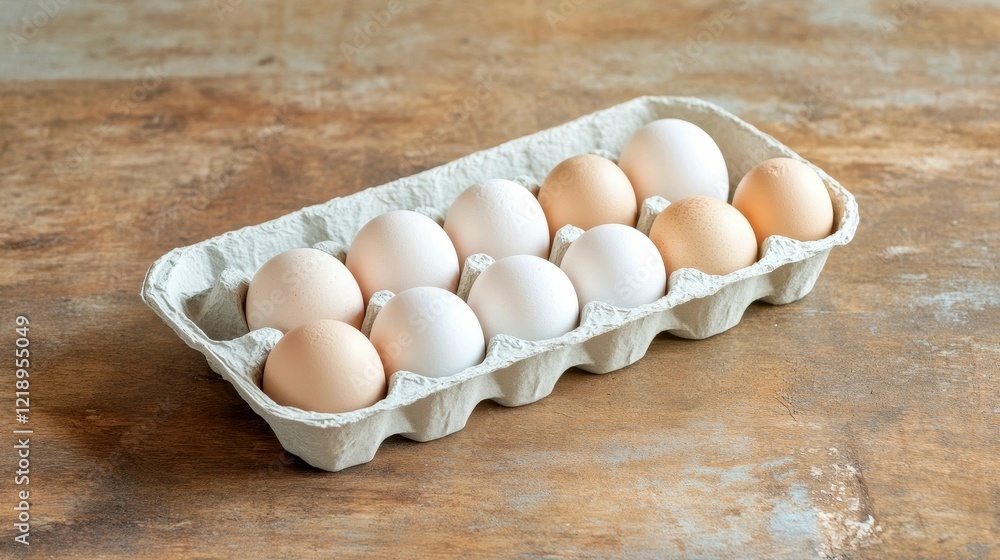 Rustic kitchen table, carton of eggs, half empty spaces, warm ambiance, home cooking, culinary essentials, farmhouse style Rustic kitchen table, carton of eggs, half empty spaces, warm ambiance, home cooking, culinary essentials, farmhouse style