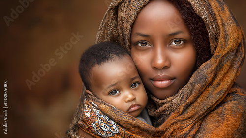 Beautiful African Ethiopian mother with newborn baby wearing a brown scarf on a brown background