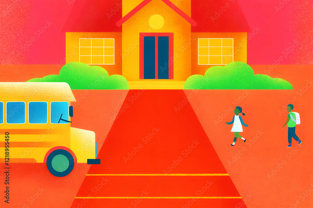 Naklejka premium Children walk joyfully to school, with a bright yellow bus waiting, creating a colorful scene