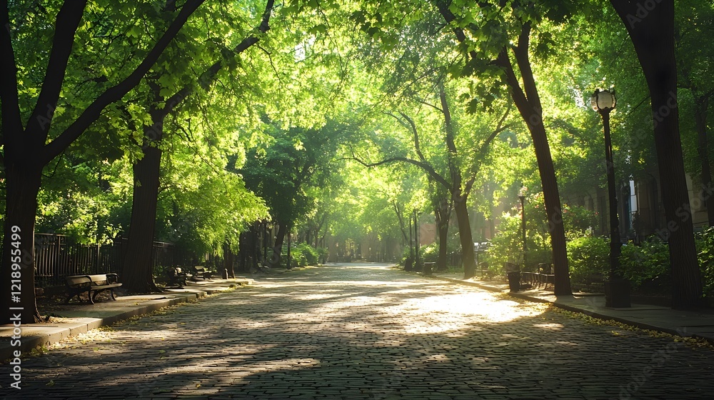 Fototapeta premium sunlit cobblestone path through lush green trees