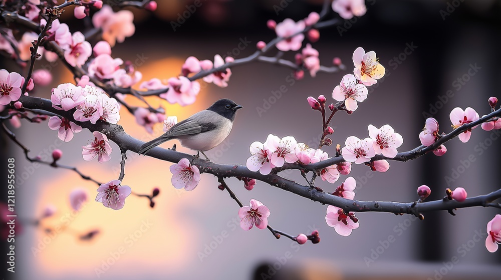 Dark-capped chickadee perching on a flowering cherry tree branch in spring Dark-capped chickadee perching on a flowering cherry tree branch in spring