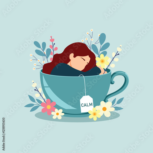 illustration in a flat style on the theme of relaxation tranquility girl sitting in a cup 