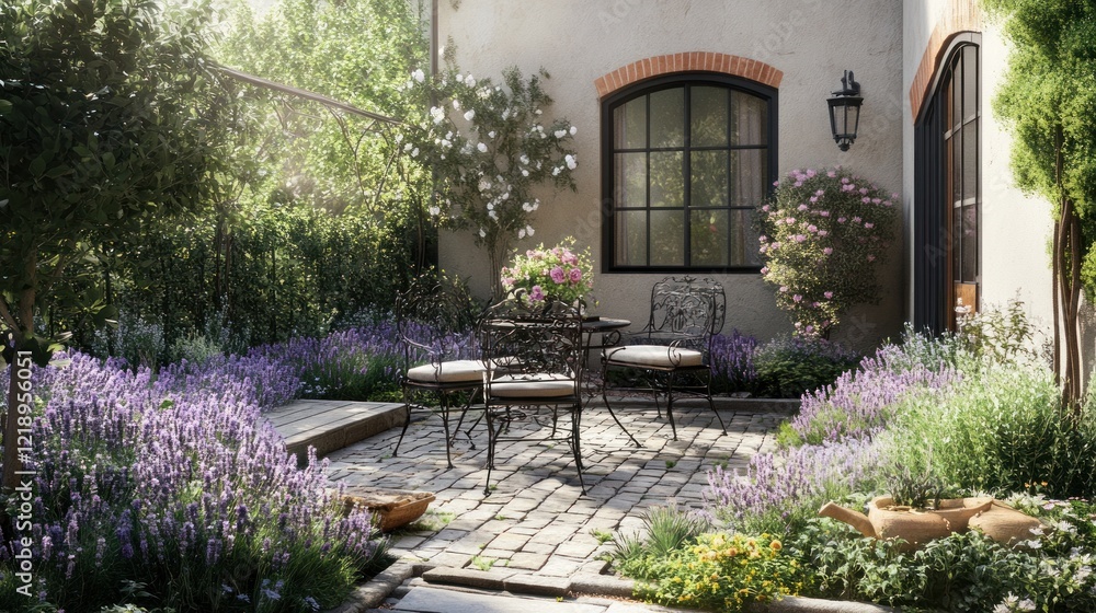 Obraz premium Serene Courtyard Garden: Lavender, Roses, and Tranquil Seating