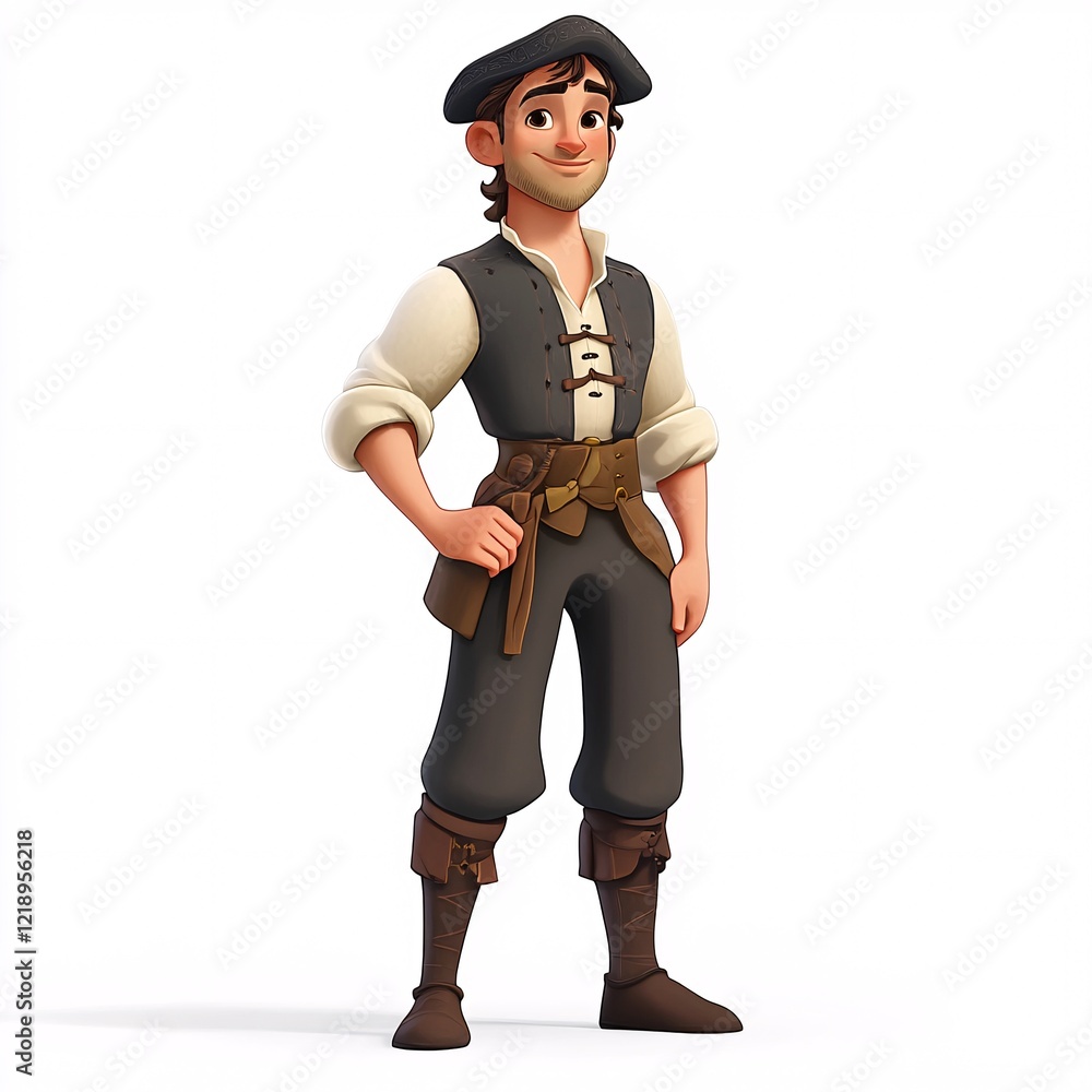 A male cartoon character in a traditional French Normandy outfit, featuring a cap, a vest, and knee-length trousers, standing against a white background A male cartoon character in a traditional French Normandy outfit, featuring a cap, a vest, and knee-length trousers, standing against a white background
