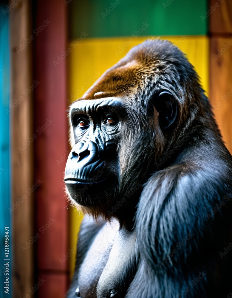 Obraz premium a gorilla in front of a colorful wooden wall