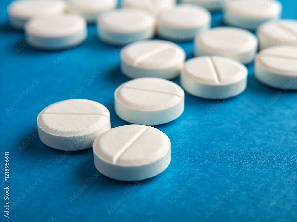 Macro Close-up of White Pills on Vibrant Blue Background - Medical Pharmacy Stock Photo Macro Close-up of White Pills on Vibrant Blue Background - Medical Pharmacy Stock Photo