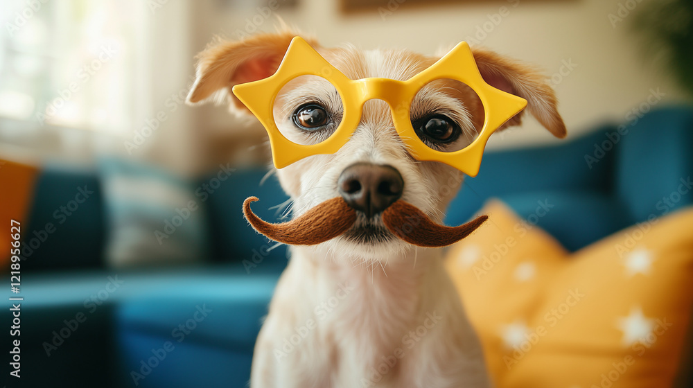 Funny dog wearing star-shaped glasses and a mustache for April Fools' Day Funny dog wearing star-shaped glasses and a mustache for April Fools' Day