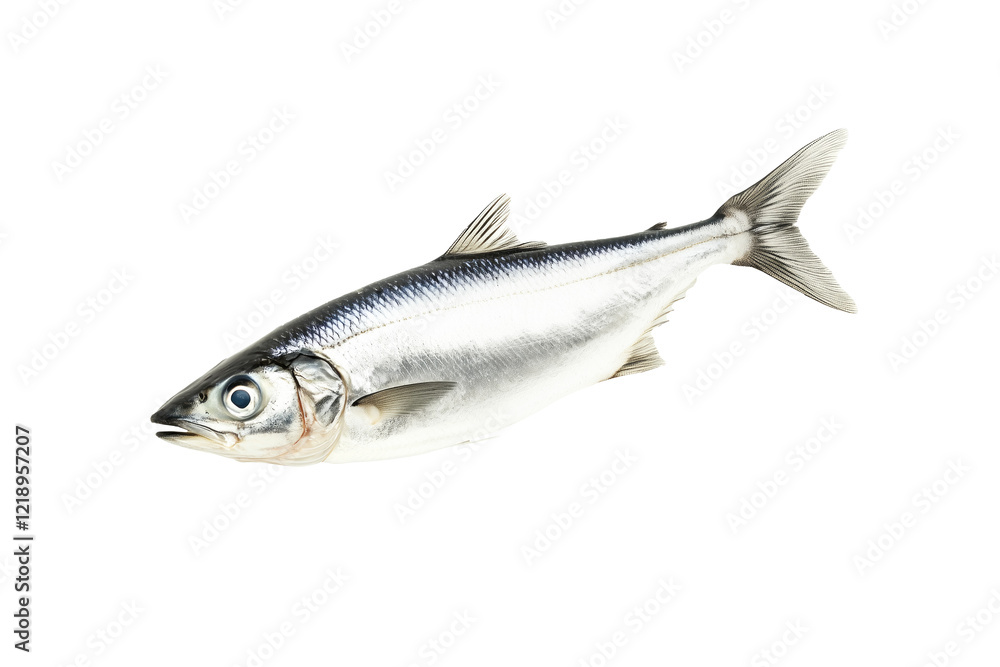 Fresh sardine fish with detailed scales and fins isolated on white transparent background, symbolizing canned seafood Fresh sardine fish with detailed scales and fins isolated on white transparent background, symbolizing canned seafood