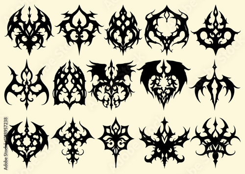Set of cool gothic design elements, atmospheric vampiric weird gothic shapes