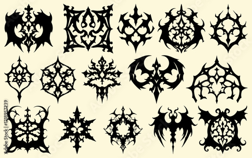 Set of cool gothic design elements, atmospheric vampiric weird gothic shapes