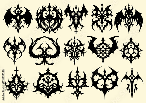 Set of cool gothic design elements, atmospheric vampiric weird gothic shapes