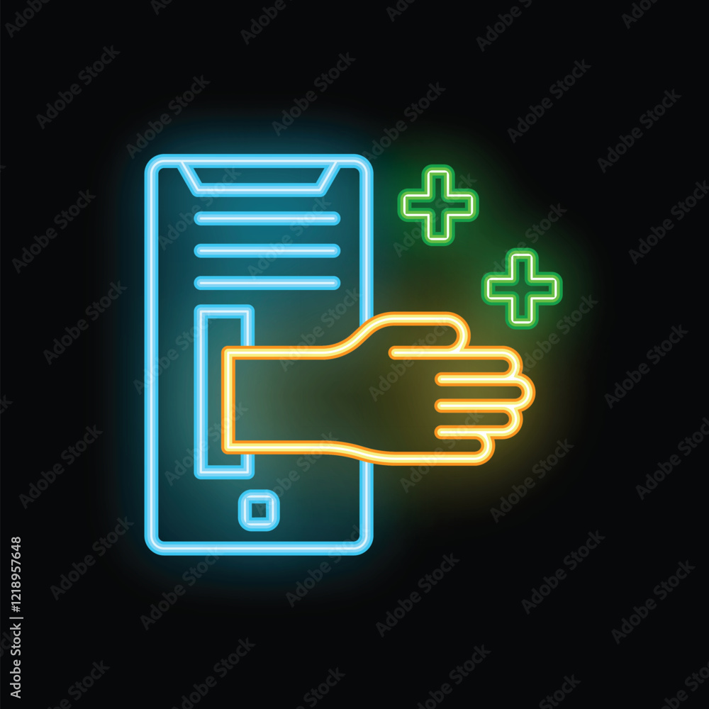 Neon glowing icon of a hand touching smartphone screen with medical crosses Neon glowing icon of a hand touching smartphone screen with medical crosses