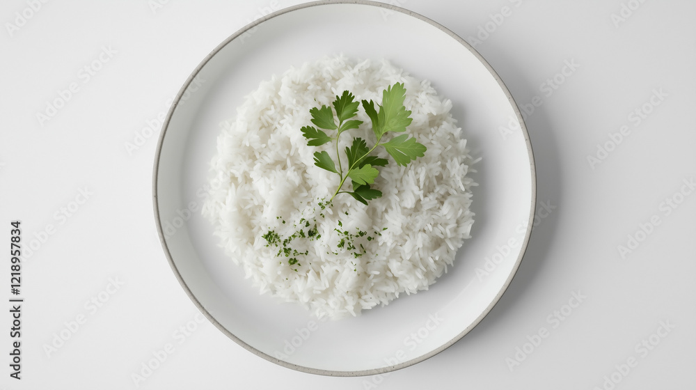 Steamed white rice with fresh parsley leaves on a clean white plate Steamed white rice with fresh parsley leaves on a clean white plate