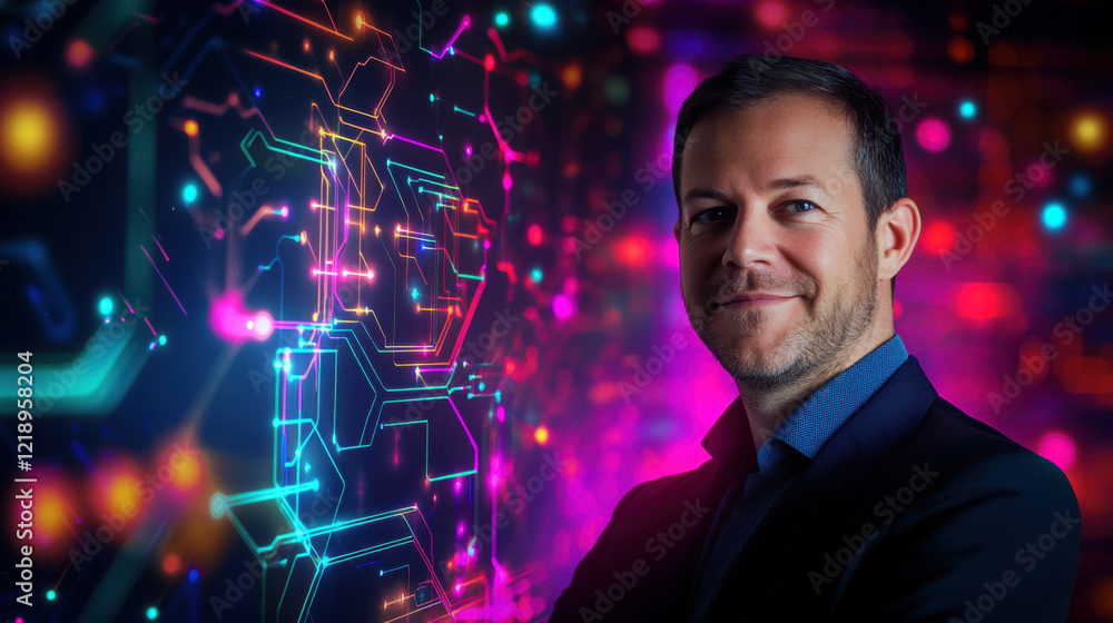 A confident man in professional attire standing against a vibrant digital background with illuminated circuits and neon-colored light trails, representing technology and innovation A confident man in professional attire standing against a vibrant digital background with illuminated circuits and neon-colored light trails, representing technology and innovation
