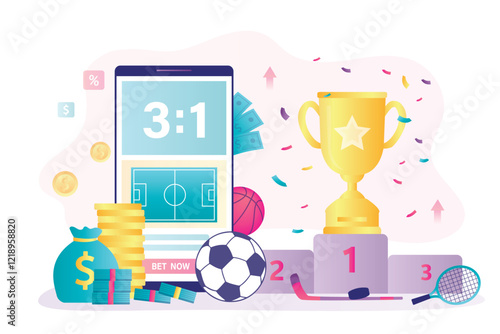 Income, profitable gambling, trophy on podium. Betting platform in smartphone app. Online gambling. Application for sport betting. Soccer, hockey or tennis game bets.
